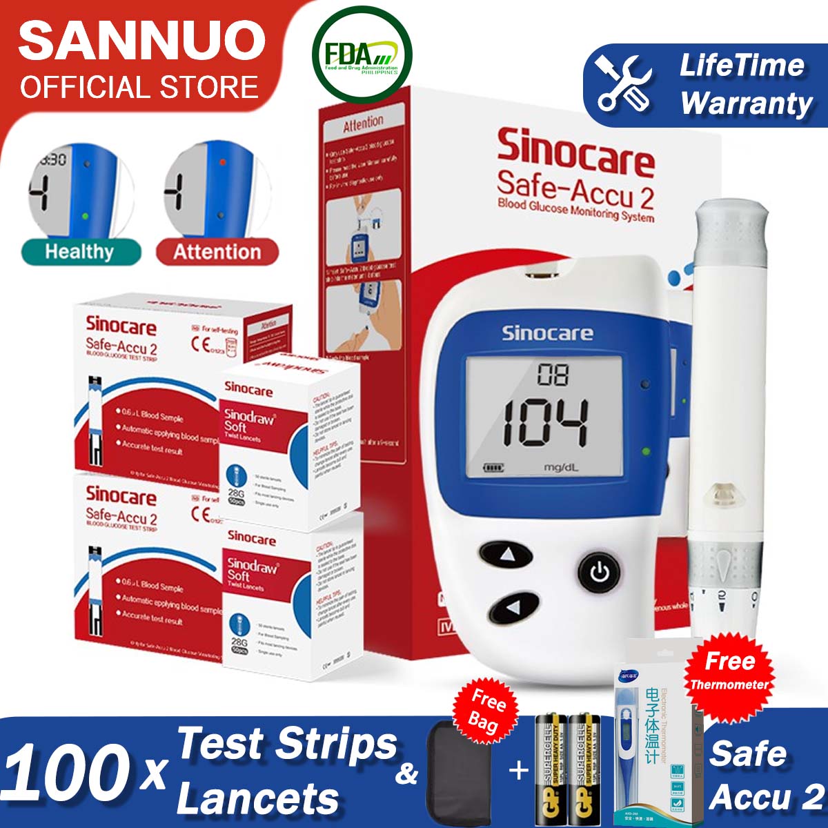 Sannuo Sinocare Safe Accu2 Blood Glucose Mester Diabetes Tester Kit ...