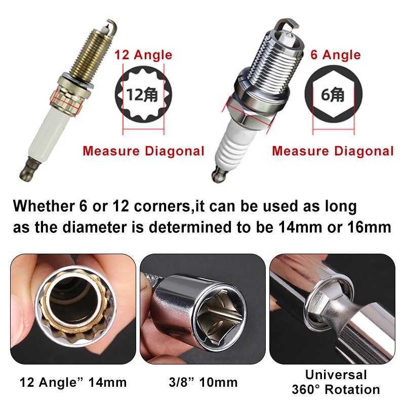 14/16mm Spark Plug Sleeve Socket Wrench 12 Angle Rotation Thin Wall 3/8" Drive Thin Wall Car Removal Tool Automobiles Repair Spark Plug Disassembly Tool