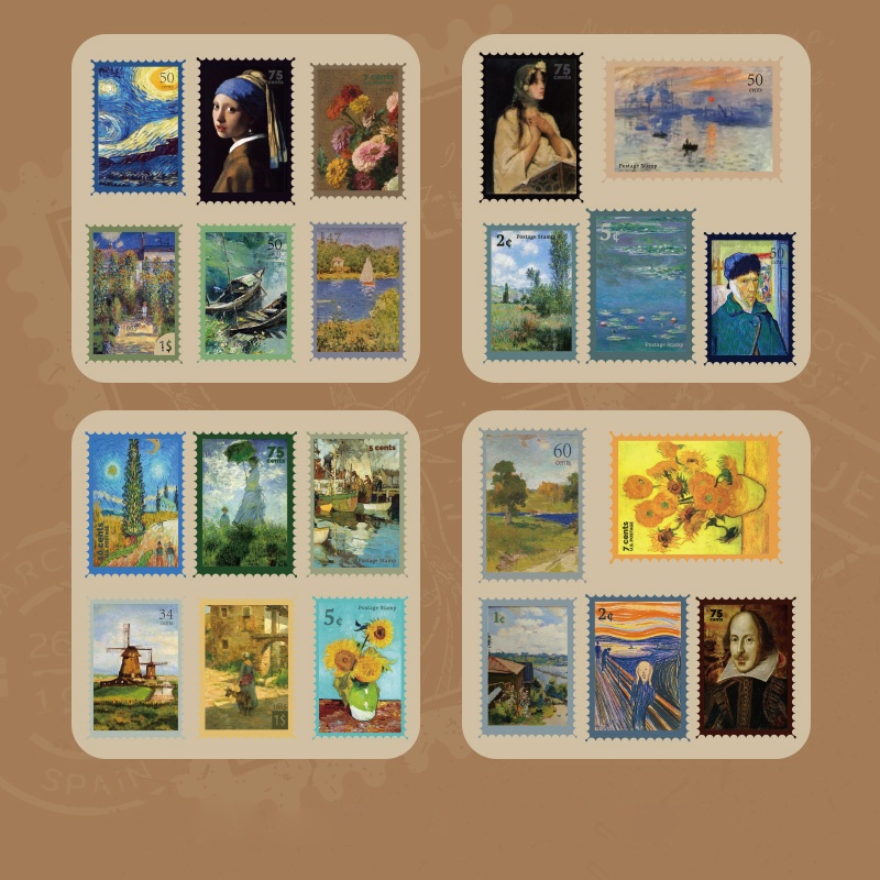 4 Sheets Retro Stamps Series Decals Literary Decorative DIY Sticker Stamp Pack