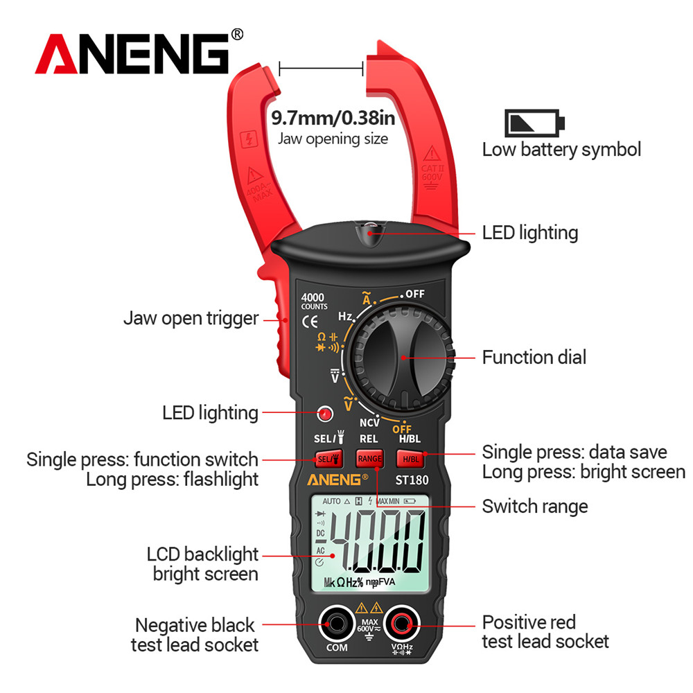 【In-demand】 ANENG ST180 Digital Clamp Meter 4000 Counts Current Ammeter ...