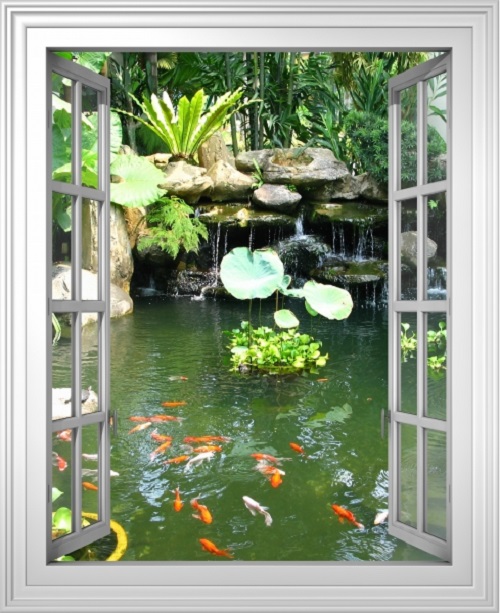 Tranh dán tường cửa sổ Cảnh đẹp hồ cá VTC VT0025D khổ dọc phủ kim sa