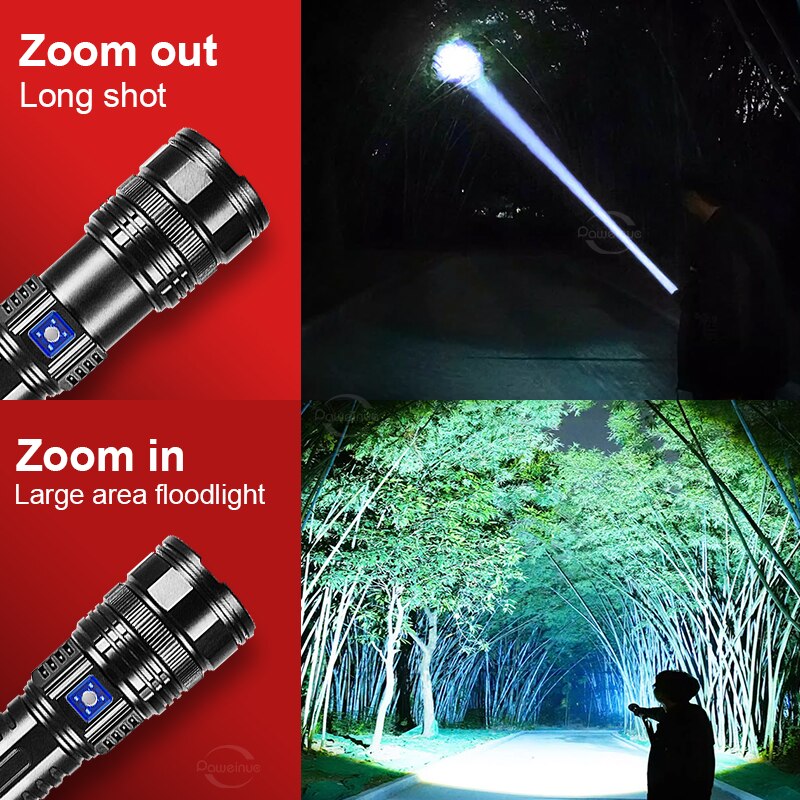 Đèn pin LED công suất cao 1000W Zoom 5000m tầm xa đèn Flash Đèn pin sạc USB Đèn pin Led cực mạnh