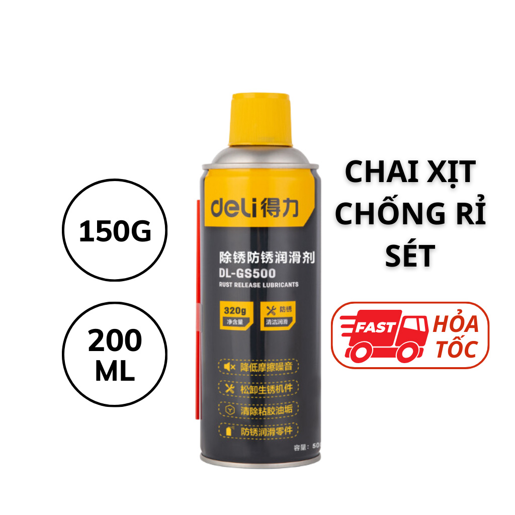 Chai xịt chống rỉ sét, tẩy rỉ sét Deli cao cấp (300g/450mL) - Dung dịch tẩy rửa bôi trơn chống gỉ; vệ sinh sên xe máy