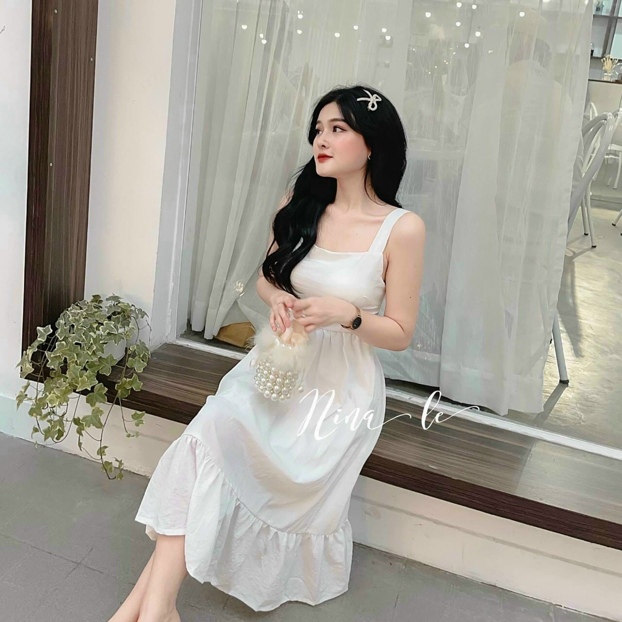 Đầm tiểu thư 2 dây chất lụa có mút, thắt nơ phía sau xinh xắn