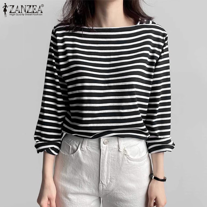 ZANZEA%20Korean%20Style%20Womens%20New%20Fashion%20Striped%20Printed%20Top%20Shirt%20Square%20Neck%20Long%20Sleeve%20Blouse%20-%20Image%204