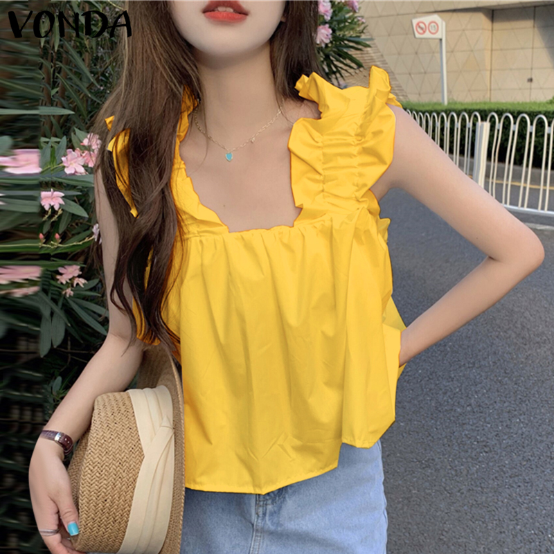 VONDA%20Womens%20Fashion%20Puff%20Design%20Street%20Casual%20Vests%20Square%20Neck%20Ruffled%20Tanks%20Tops%20(Korean%20Floral)%20-%20Image%203