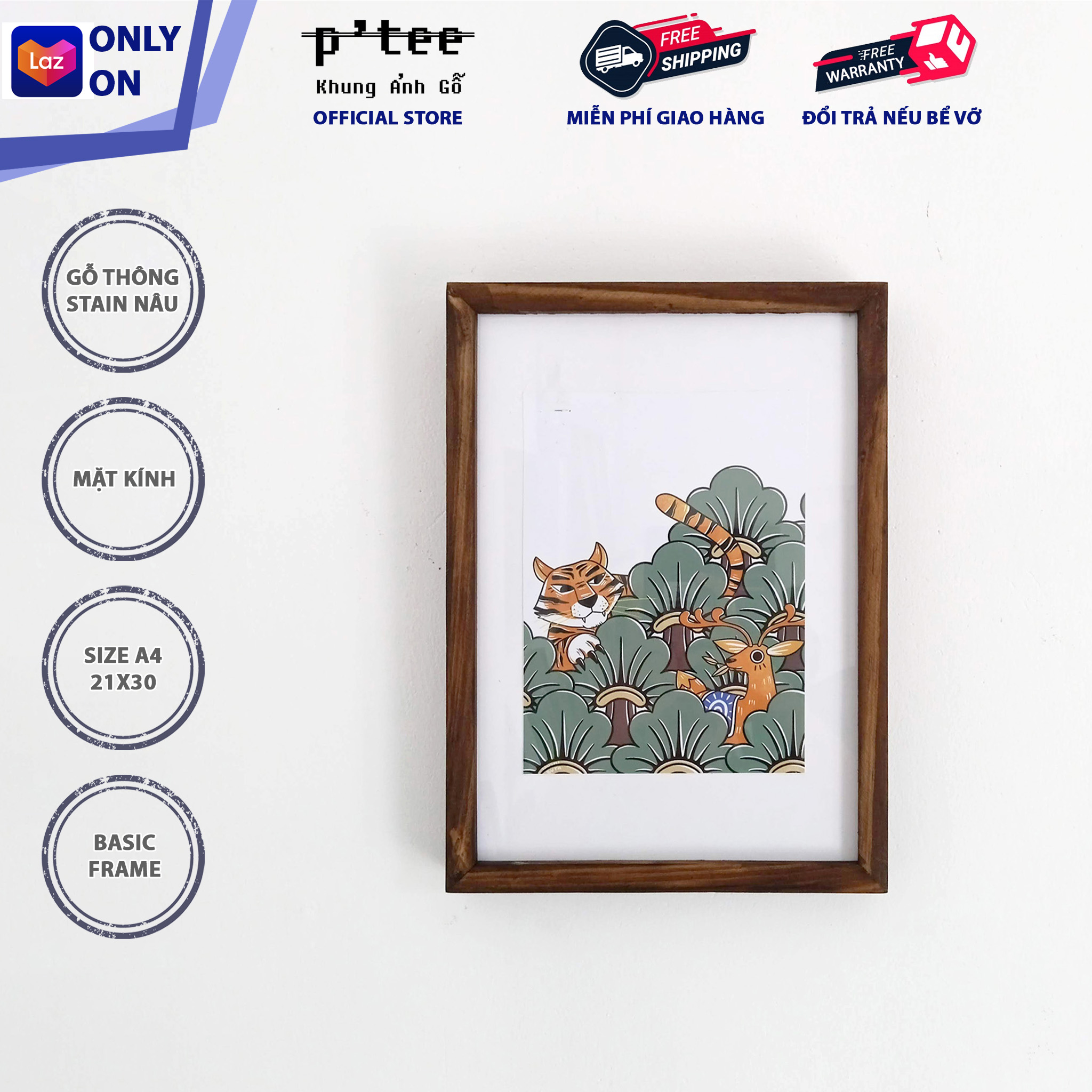 Photo Frame Wood Basic 21x30 A4 Stain Brown - Picture Frame Pinewood and Glass Wall Decoration - Wood Frame by P'Tee