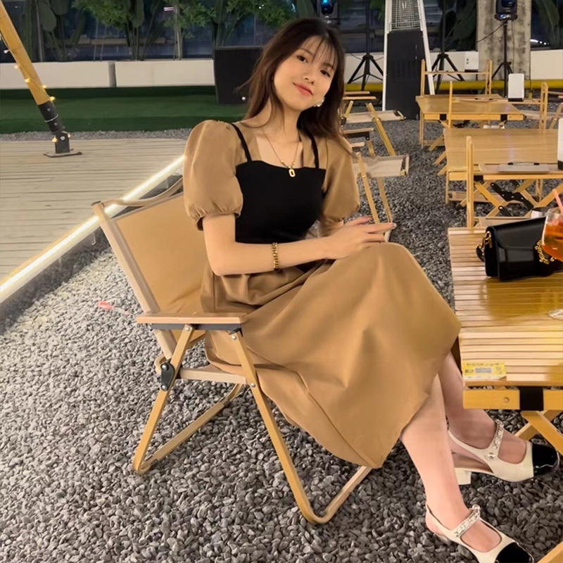 Đầm duohanzi Chân Váy Ngắn đường may cổ áo vuông ngắn tay cho bé gái phiên bản Hàn Quốc Dài 2023 đường may màu trơn giảm tuổi