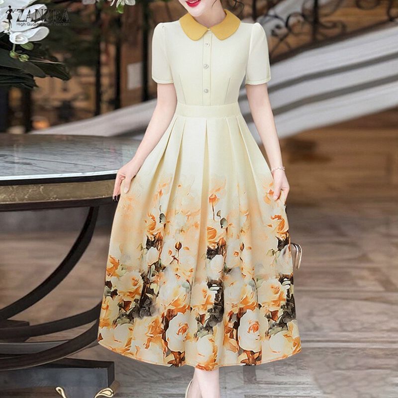 ZANZEA%20Korean%20Style%20Women%20Elegant%20Party%20Short%20Sleeve%20Midi%20Dresses%20Doll%20Neck%20Floral%20Print%20A-Line%20Dress%20#1229%20-%20Image%203