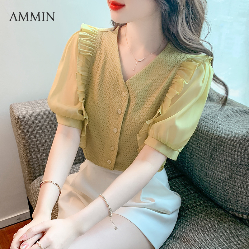 AMMIN  summer new V-neck single-breasted personalized knitted stitching chiffon shirt women's Korean style ruffle stitching short-sleeved elegant blouse female ins tops