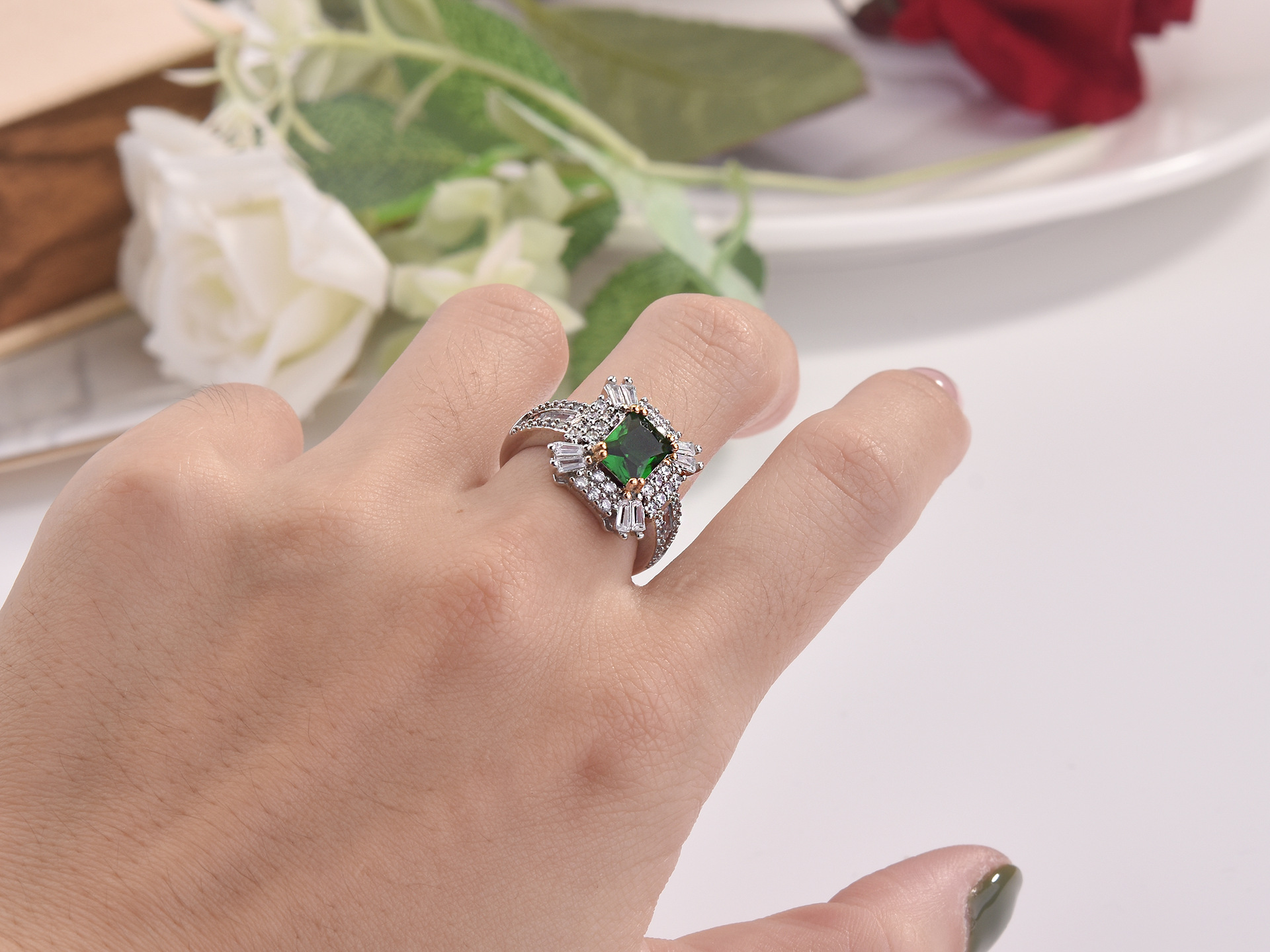 Emerald Diamond Square Princess Ring Engagement Ring