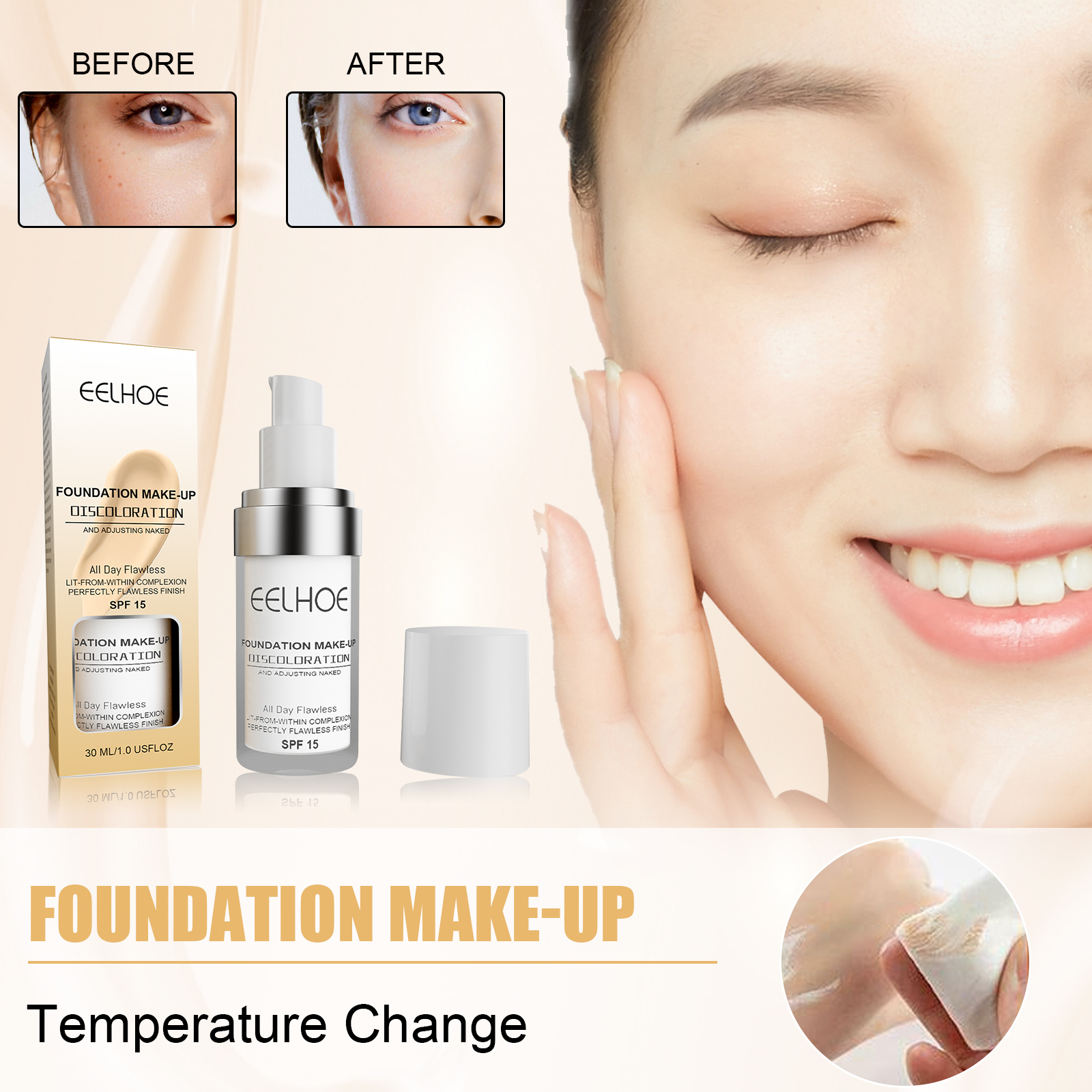 Eelhoe Kem Nền Dạng Lỏng Kem Che Khuyết Điểm Thay Đổi Màu Sắc Kỳ Diệu Kem Nền Trang Điểm Dưỡng Ẩm Lâu Trôi Chống Thấm Nước Kiềm Dầu Che Khuyết Điểm Mỹ Phẩm Kem Nền Che Phủ Toàn Bộ (30Ml)