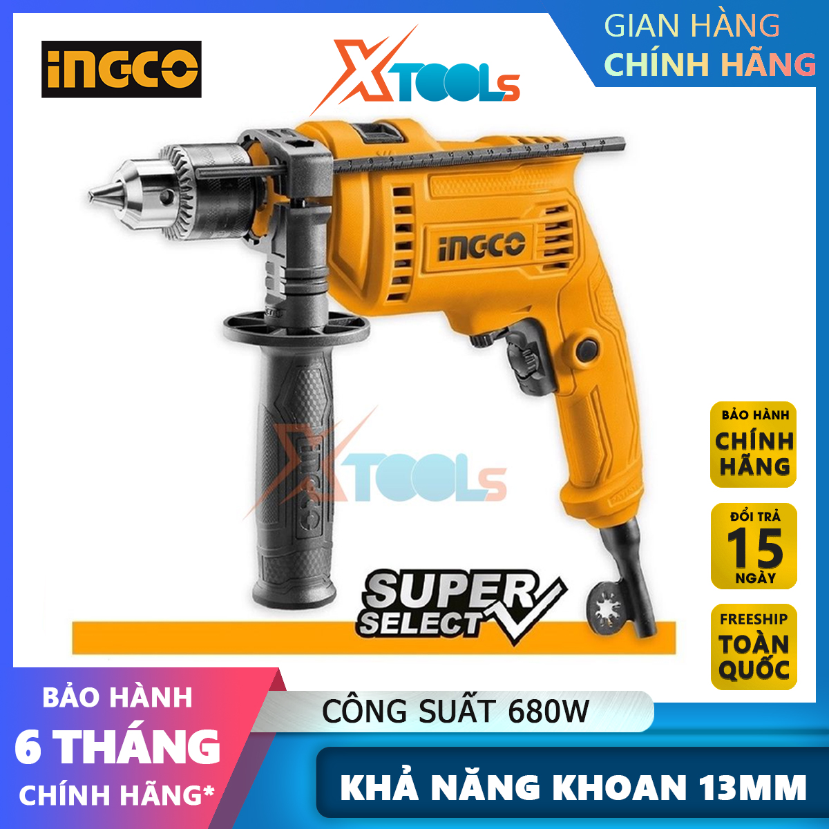 Ingco id6808 hand concrete drill press hammer 680W no-load speed 0-3000rpm Max Drill Capacity 13 mm