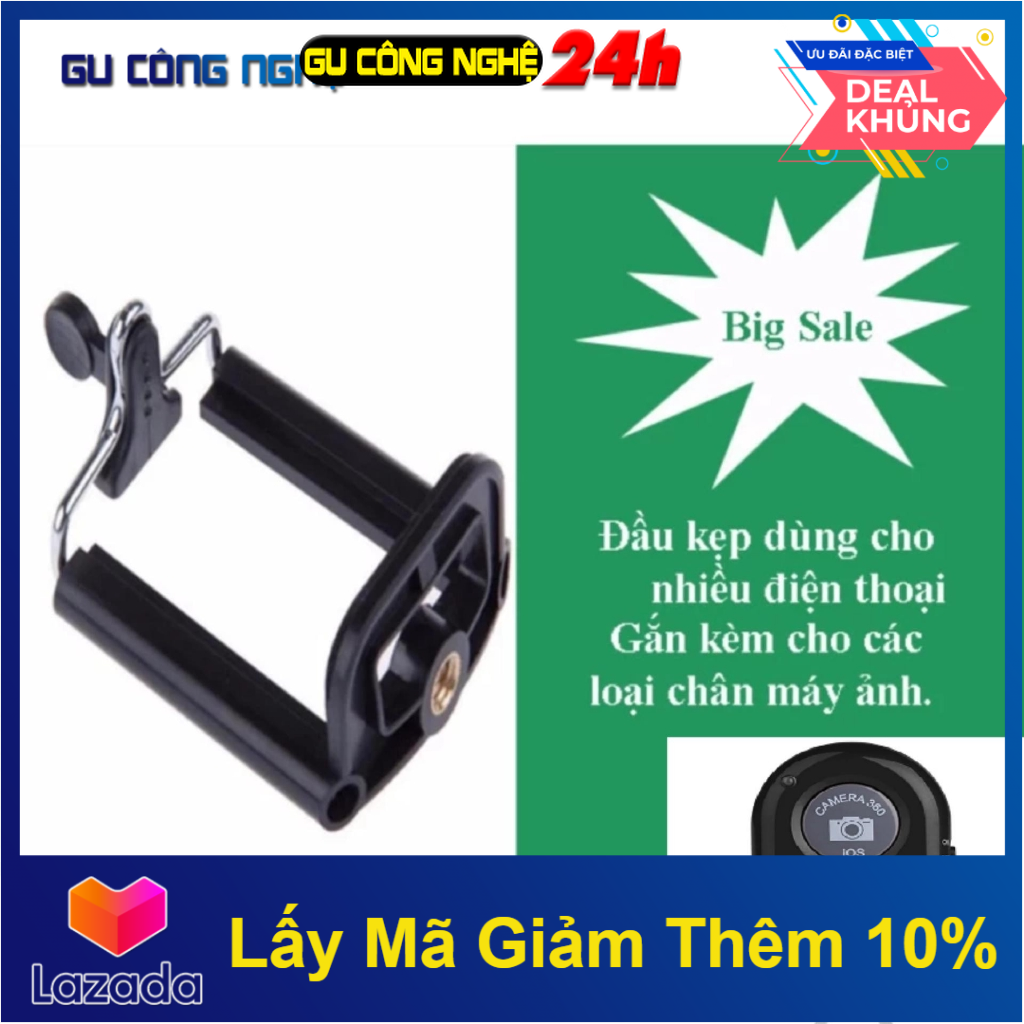 Combo Đầu Kẹp Điện Thoại Cho Chân Máy Ảnh (Đen) + Remote Chụp Ảnh Cho Điện Thoại