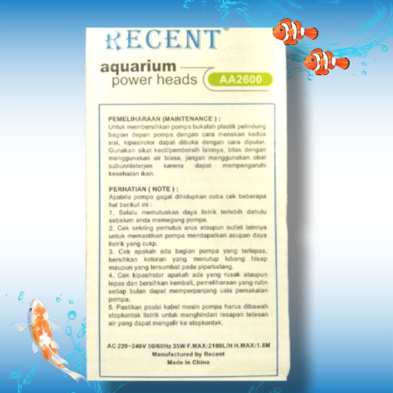 RECENT AA 2600 Pompa aquarium kolam Hidroponik Air mancur