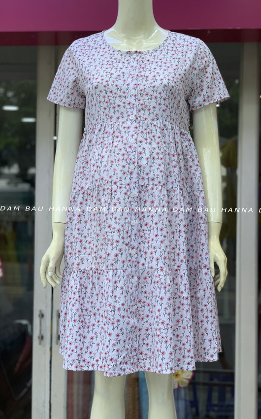 [HANNA] Đầm bầu baby doll cho bé bú mặc bầu và sau sinh cởi nút cho bé bú tiện lợi vải lụa cao cấp thoáng mát mùa hè không nhăn có size 80kg dài qua gối