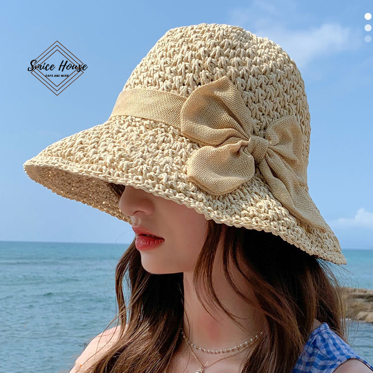 Nón mũ cói mềm đi biển rộng vành nữ có thể gấp gọn phong cách thời trang Hàn Quốc- Smice House