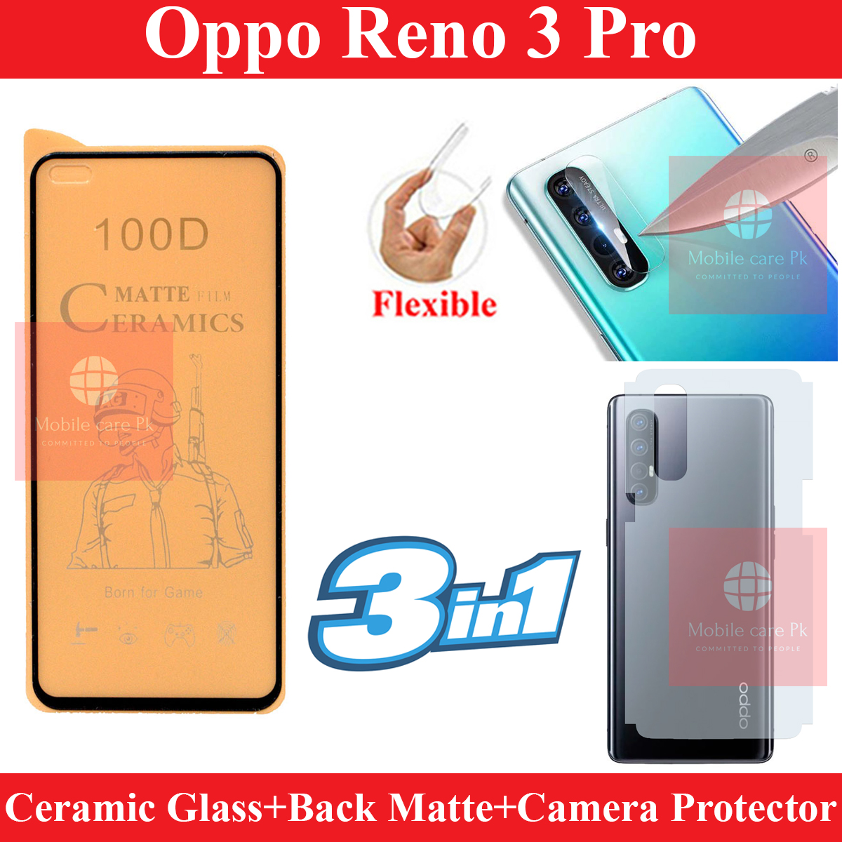 Oppo Reno 3 Pro Ceramic Matte Protector 9D | 11D Unbreakable Antishock Fiber Matte Sheet Pubg Protector + Back Protector Carbon Fiber Matte Soft Skin Sheet + Camera Glass Protector Fiber Glass For Oppo Reno 3 Pro. 