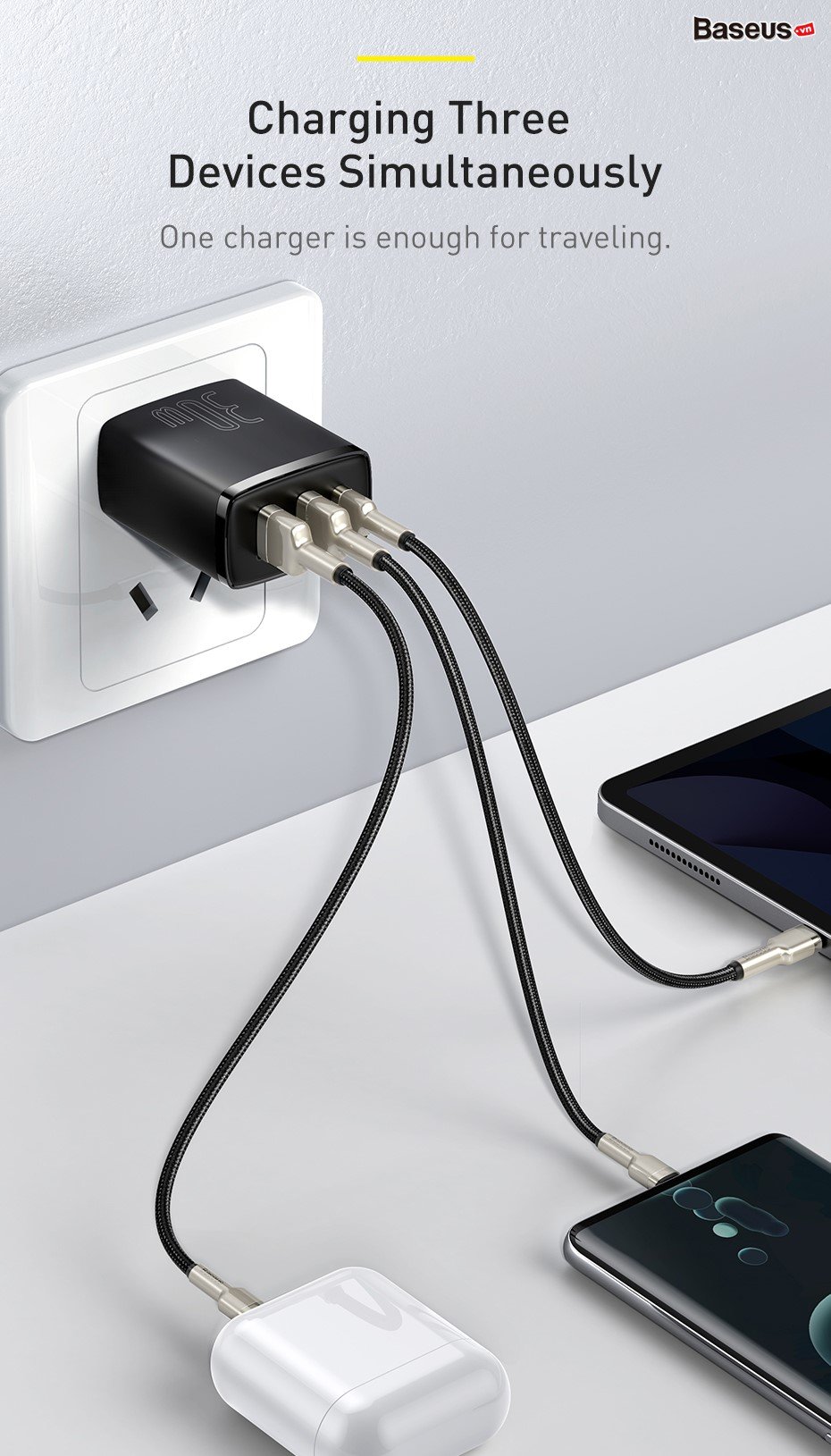 Cốc sạc nhanh 3 cổng Baseus Compact USB dual port + TypeC 30W PD/QC3.0 - Nhất Tín Computer