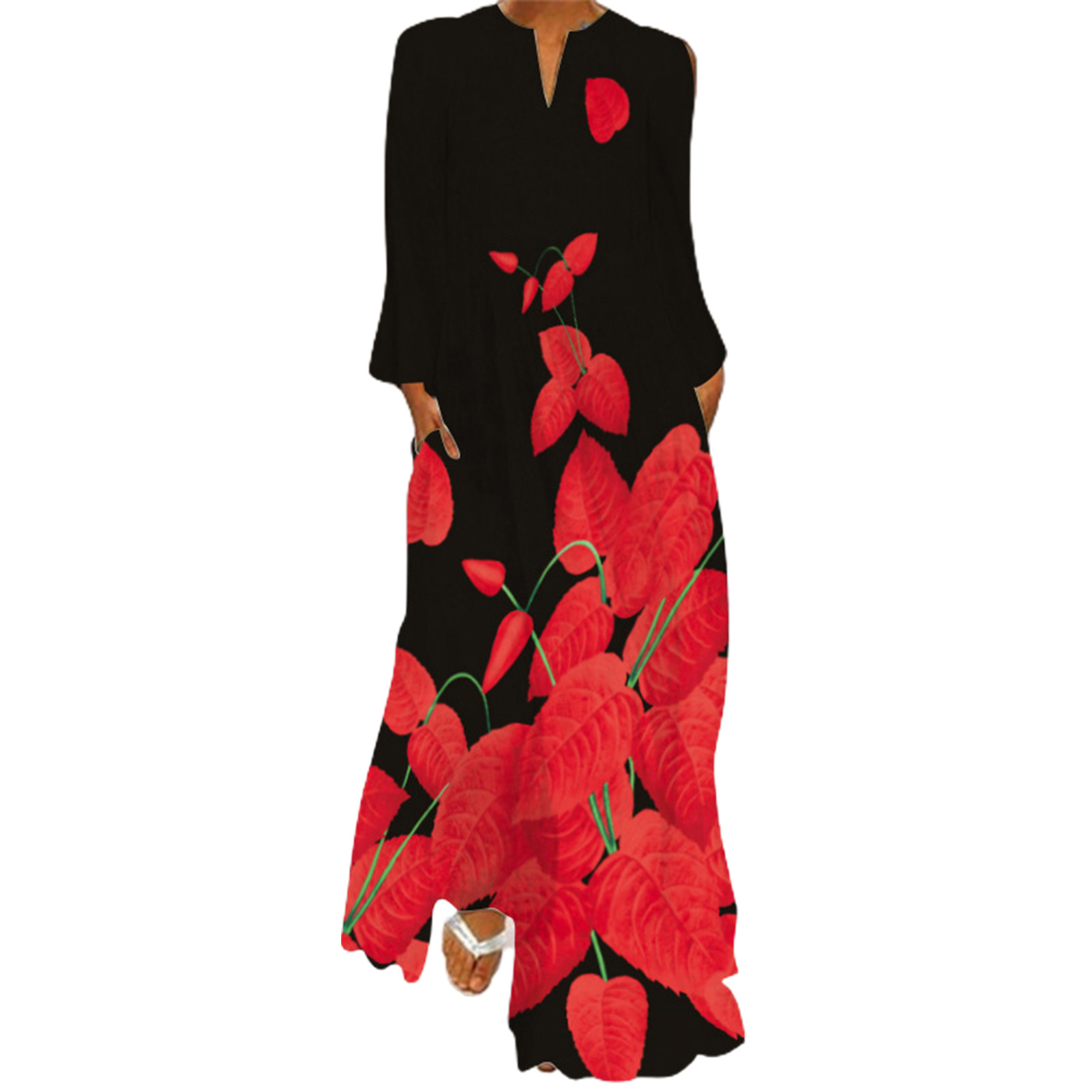 Long Dress Vintage Print V Neck Women Long Sleeve Large Hem Insert Pockets Dress Beachwear