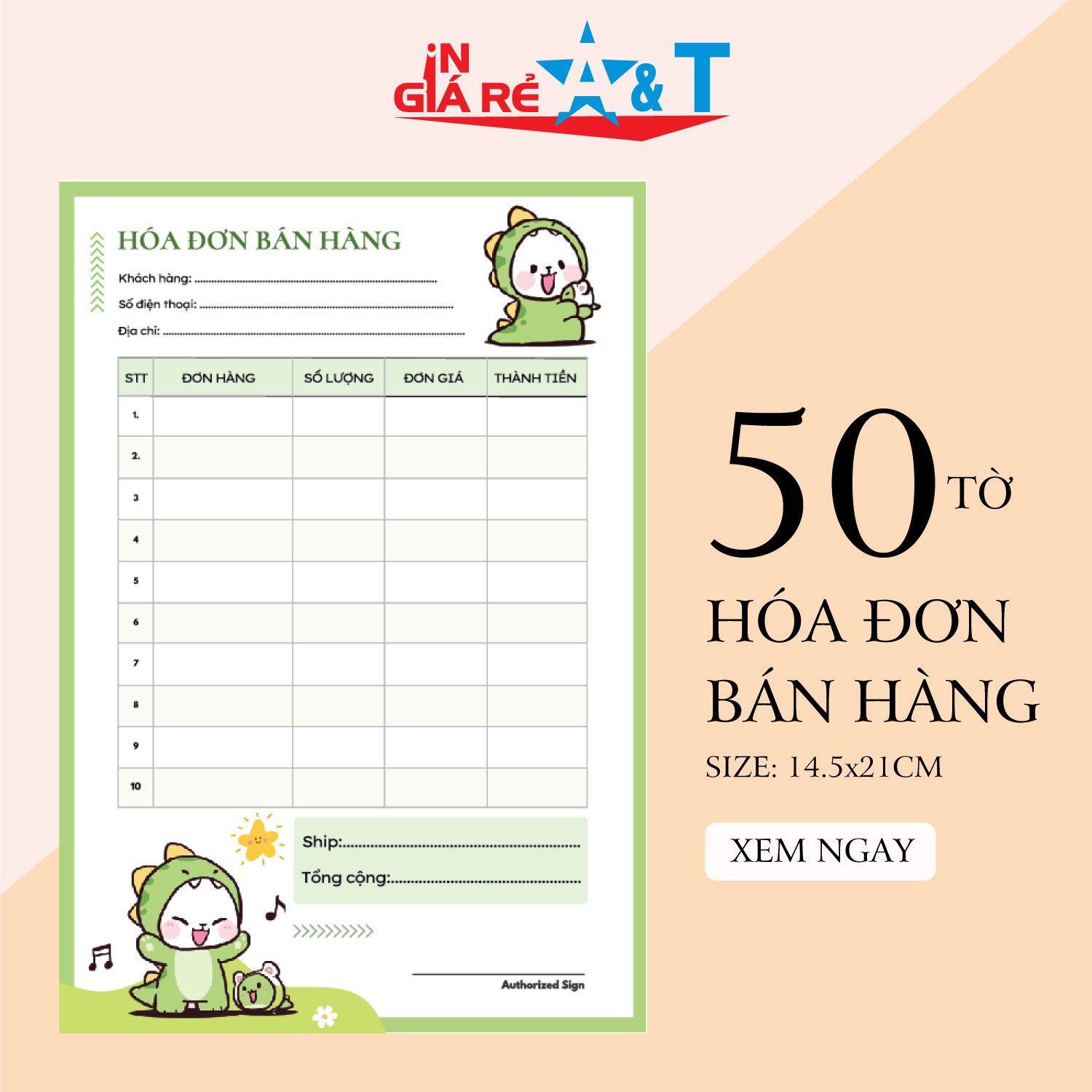 Tập 50 tờ, hóa đơn bán hàng, Hoá đơn bán lẻ giấy photo hoạt ảnh cực cute size 21x14.5cm