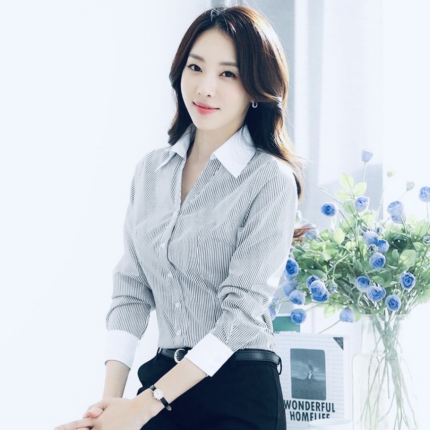 Áo sơ mi nữ sọc dài tay công sở phối viền trắng cổ SNS999 thời trang PONIVALAZA  hàng Quảng Châu chất vải cao cấp thoáng mát kiểu dáng đẹp, trẻ trung sang trọng thanh lịch