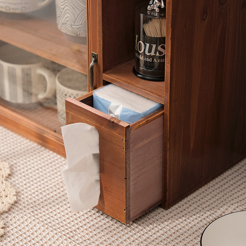 Storage rack with tissue box retro double-layer wooden tea set desktop storage box cup dust-proof cabinet