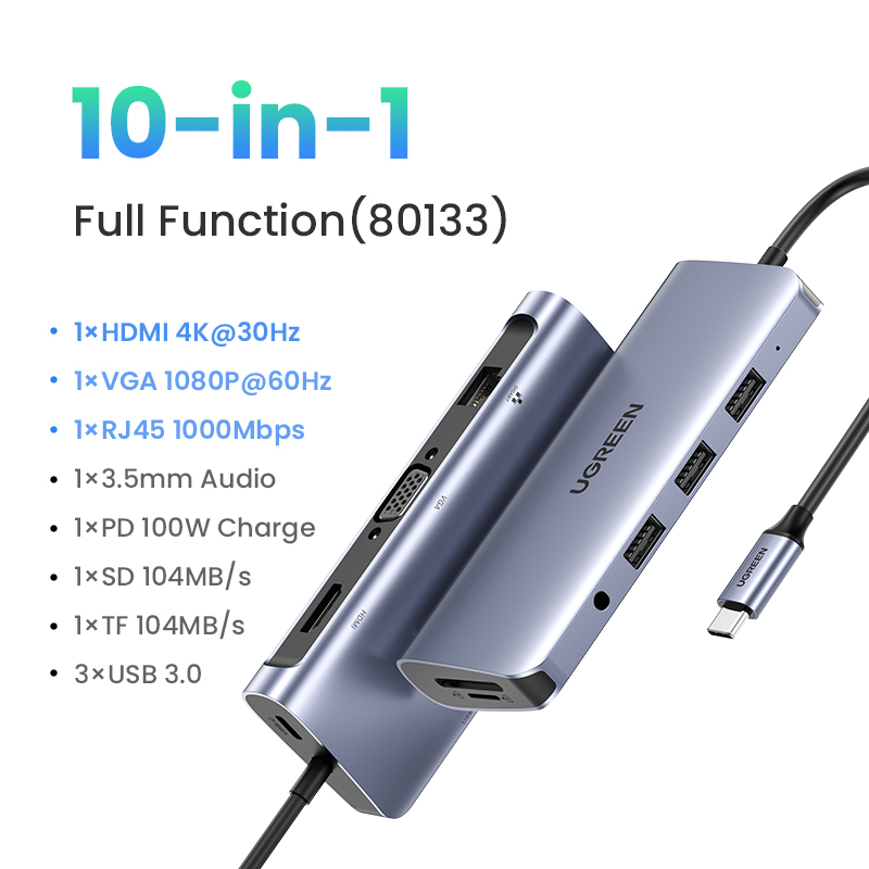 Hub UGREEN 8 in 1 ( HDMI 4K , LAN ,Type C, 3xUSB , SD/TF )