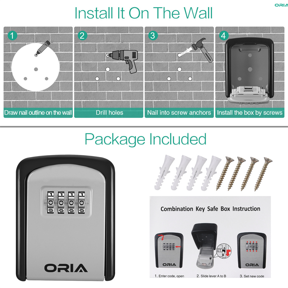 ORIA Key Security Lock Box 2Pcs Weatherproof 4-Digit Combination Key Storage Lock Box Wall Mounted Key Safe Box for 5 Keys for Indoor Outdoor 3.66 inch（Ready Stock)）