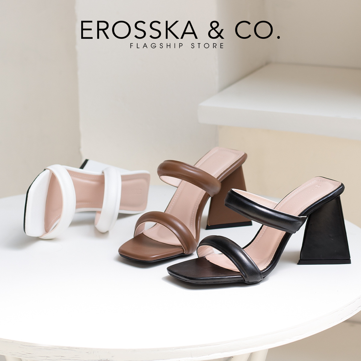 Erosska - Dép cao gót nữ mũi vuông 2 quai ngang cao 9cm màu nâu - EM090