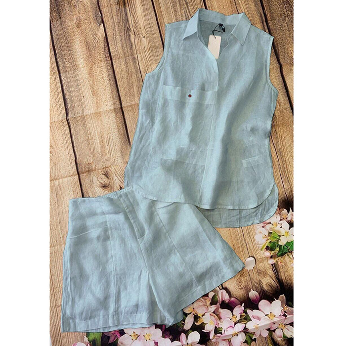 Set bộ đi chơi linen áo sát nách cổ bẻ kèm quần cộc trẻ trung chất vải linen mềm mát thích hợp du lịch dã ngoại