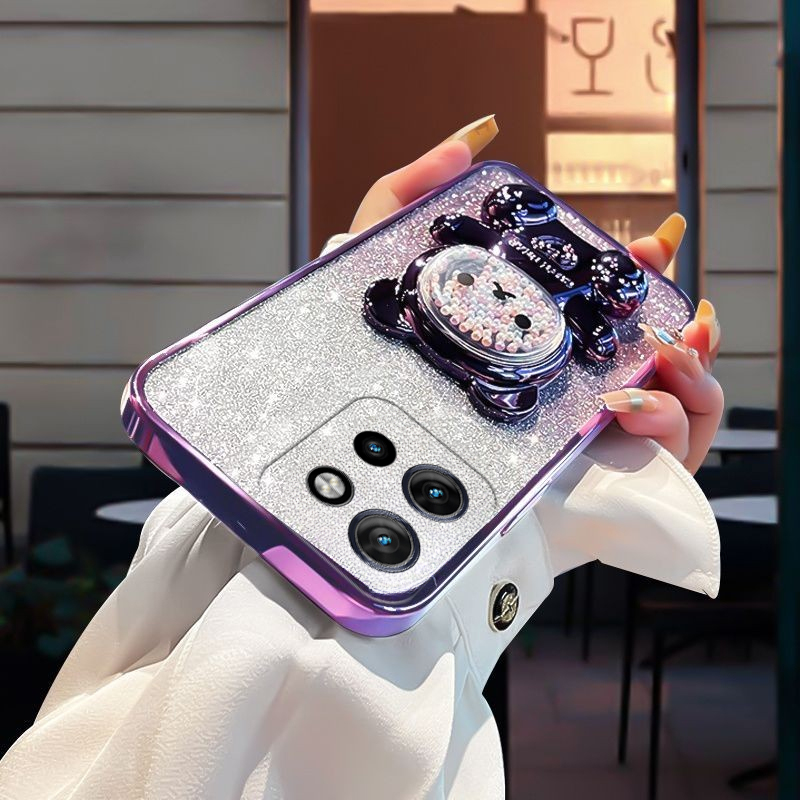 New Phone case Motorola Edge 50 Fusion 50 Pro 40 NEO Back cover with Gradient 3D Bear Folding Stand Bracket Luxury Slim 6D Plating Glitter Girls for Moto Edge40 NEO Edge50 Pro Edge50Fusion case. 