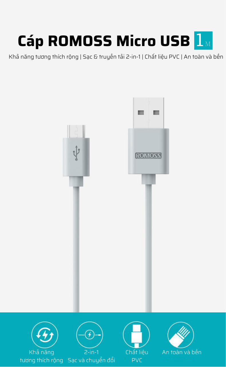 Cáp sạc nhanh Romoss, cáp sạc CB05 cổng sạc Micro USB dây dài 1m