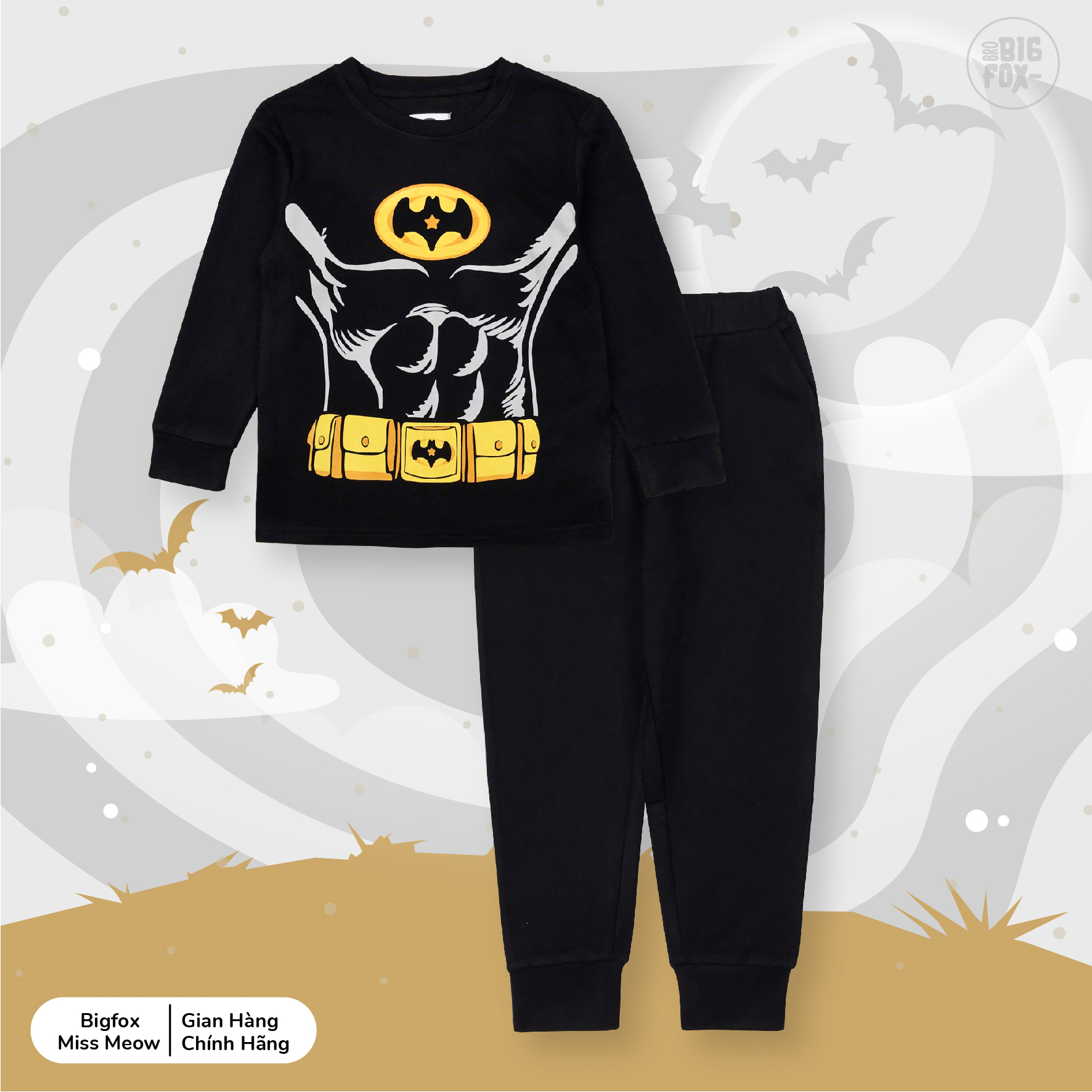 Bộ nỉ cotton bé trai size đại bigfox - miss meow, bộ nỉ da cá mùa đông cho bé in người dơi, size trẻ em 3,4,5,6,7,8,9 tuổi