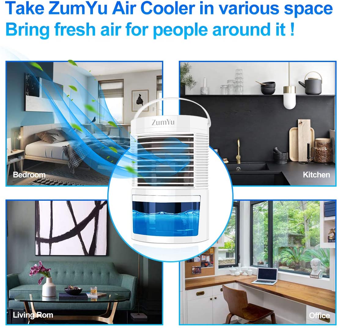 Office Kitchen ZumYu Mini Air Conditioner Portable Air Coolers Evaporative Cooler Personal Space Mobile Cooling Fan Humidifier Purifier with 3 Adjustable Speeds 7 Colors LED Soft Light for Bedroom 