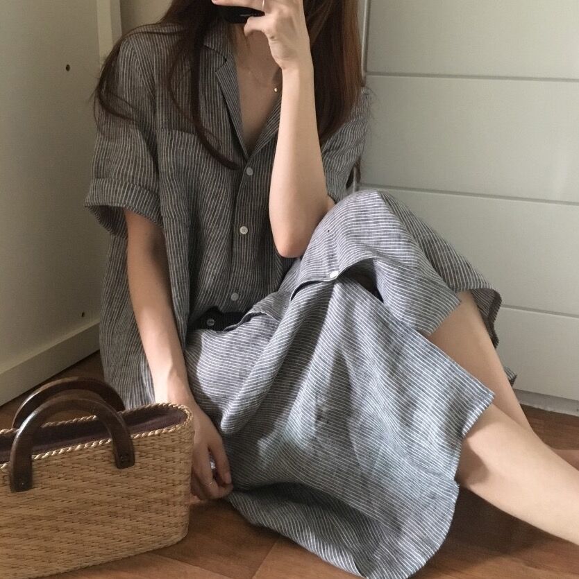 WhiteTime Casual Dress In Fashionable Collar Stripe Dress Loose Female Vacation Short Sleeve Shirt Dress Skirt301T2469