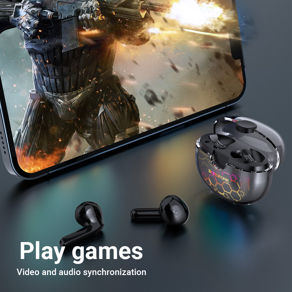 BOROFONE BW15 TWS Bluetooth Earphone True Wireless Headset Earbud Translucent Earphones Wireless Bluetooth 5.3 Touch Control Earbuds Built-In Microphone Sports Headset In-Ear Earphones For All ios /Android Mobile Phone