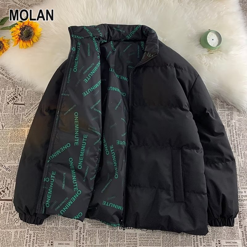 MOLAN Men's stand collar solid color simple reversible down jacket thickened warm couple's jacket