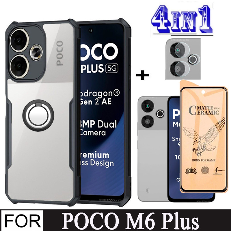 4 in 1 Poco M6 Plus Shockproof Phone Case for Poco C61 C65 M6 4G 5G Camera Lens Ceramic Tempered Glass Screen Protector + Mobile phone holder. 