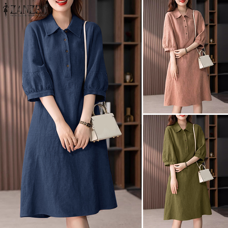 ZANZEA%20Korean%20Style%20Women's%20Dresses%20Casual%20Cotton%20Linen%20Short%20Sleeve%20Lapel%20Plain%20Loose%20Shirt%20Dress%20-%20Image%207