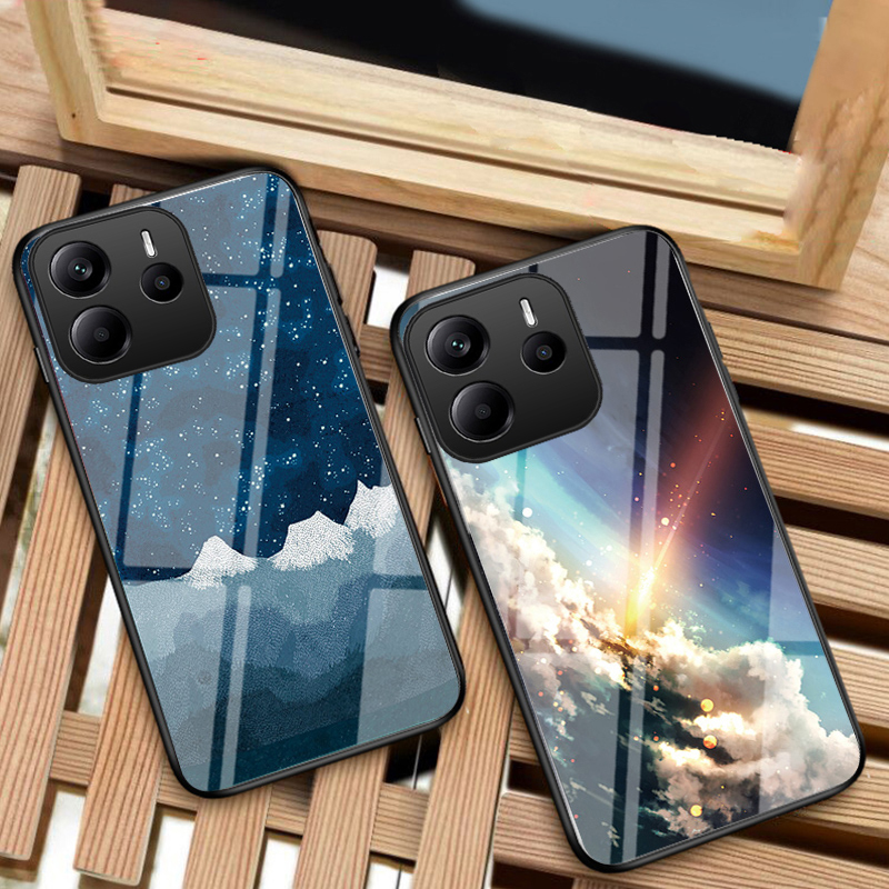 Phone case Redmi Note 14 Couple Starry Moon Mirror Glass Protector Meteor Start Back Cover Redmi Note 14Pro + Case. 