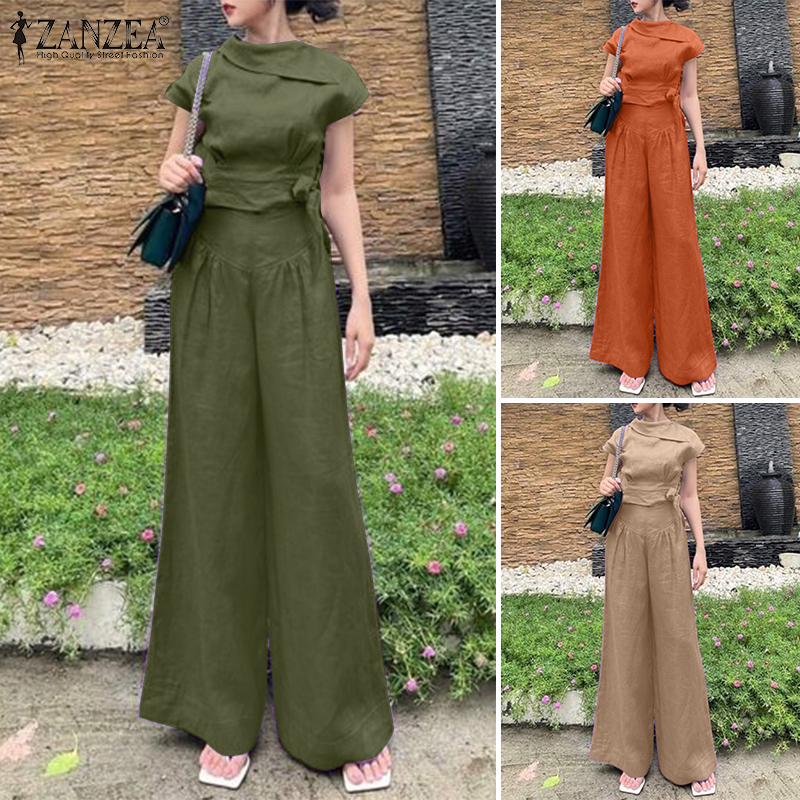 HijabFab ZANZEA Women 2pcs Sets Summer Short Sleeve Blouse Pants