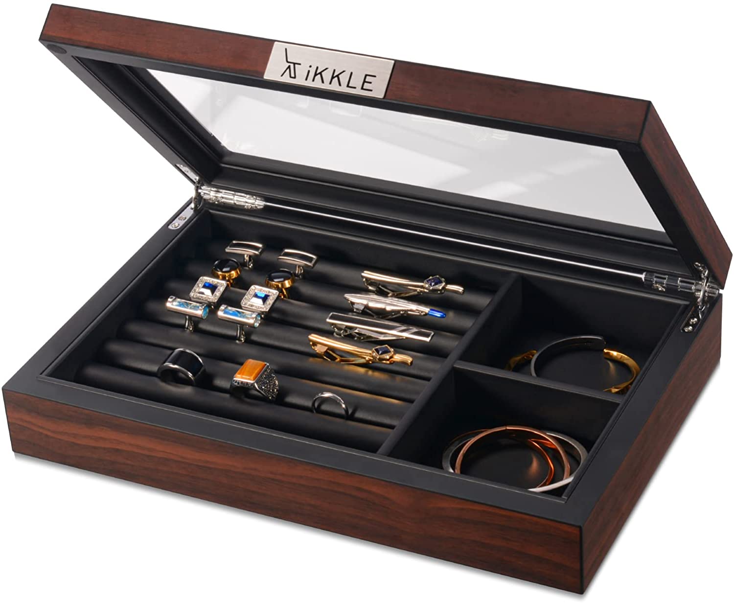 IKKLE Wood Cufflink Box Jewelry Box with Glass Window for Men Ring