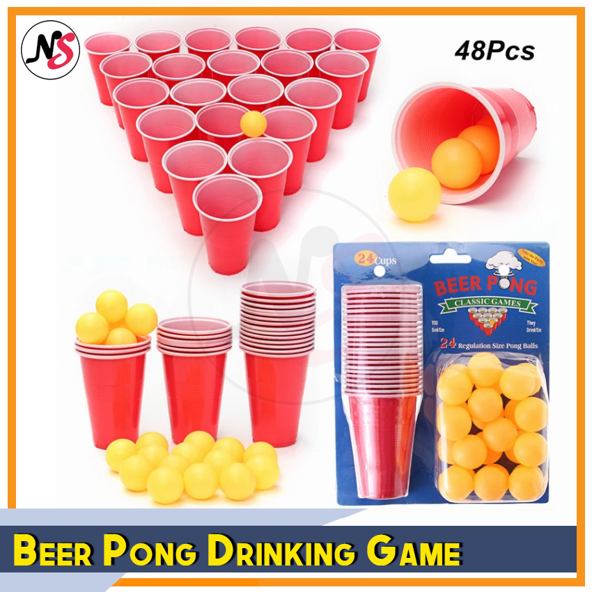 Beer Pong Kit 24 Pong Balls and 24 Red Cups Fun Party Drinking Game