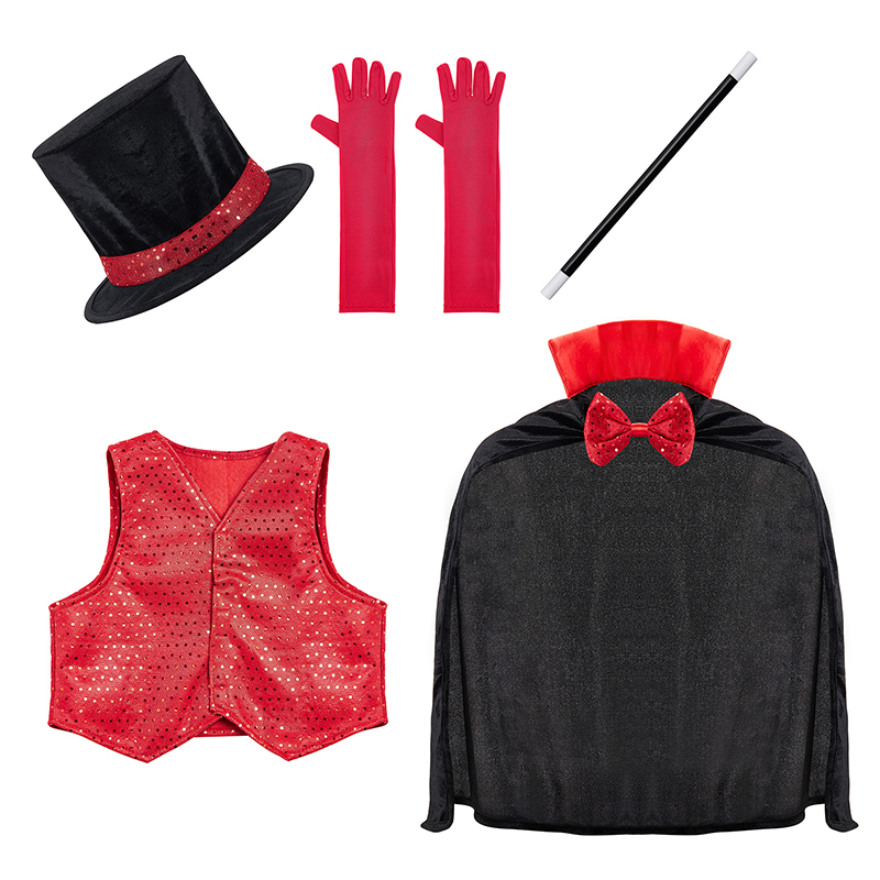 Pickmine 2023 new Kids Boys Girls Magician Costumes Cape Top with Hat Magic Wand Magic Gloves Cosplay Costumes