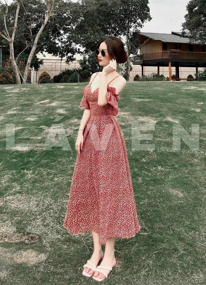 đầm lụa hở vai có mút màu hoa xinh lung linh dx22