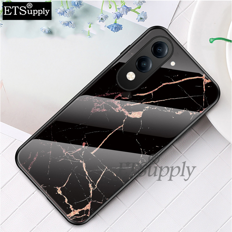 Phone case Vivo Y04 Fashion Marble Tempered Glass Protector Soft Frame Silicon Back Cover Vivo Y04 4G Case.