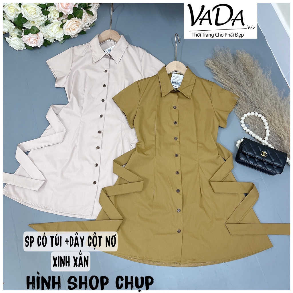 Váy Đầm Sơ Mi Thô Ngắn Tay Cổ Đức kèm dây thắt eo