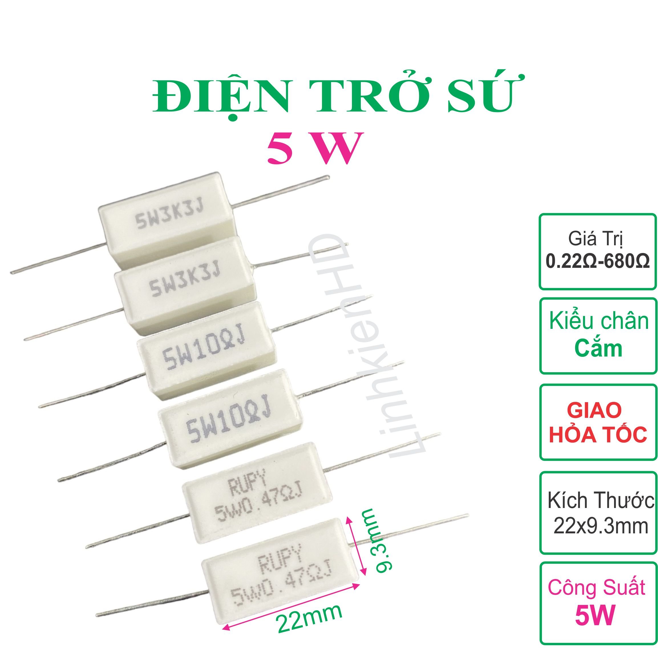 10 con điện trở sứ trắng 5w chân cắm +-5% dáng nằm - linh kiện hd