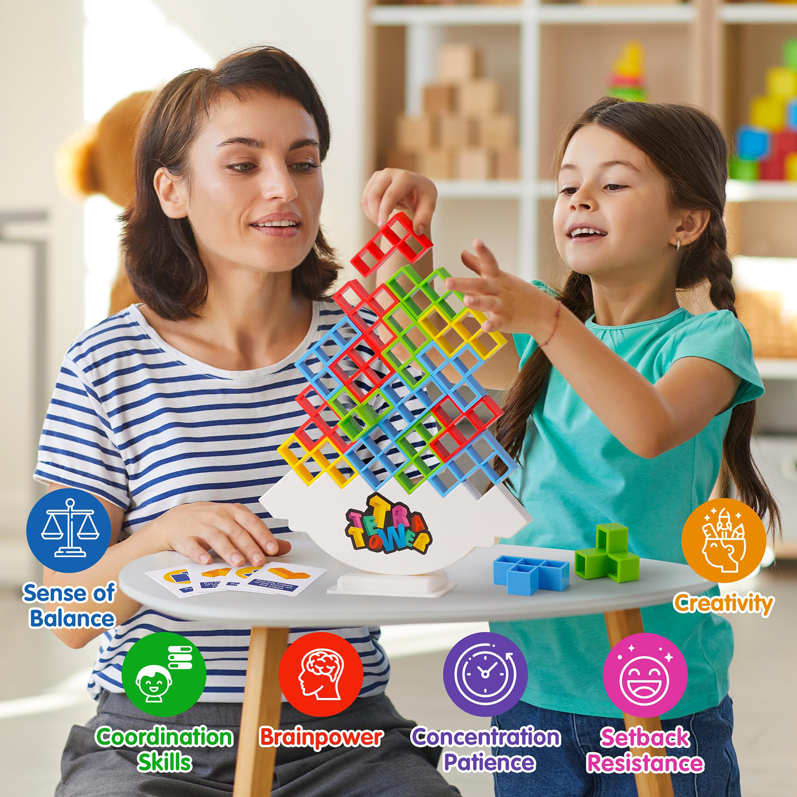 microgood 16/32/48Pcs Tower Balance Stacking Plastic Building Blocks Board Game Skill Training Brain Development Toy Preschool Educational Toy for Boys Girls Birthday Christmas Gift